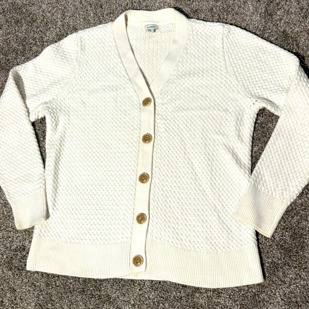 LL Bean Button up Cardigan Sweater Ivory Weave Knit Womens Size Large